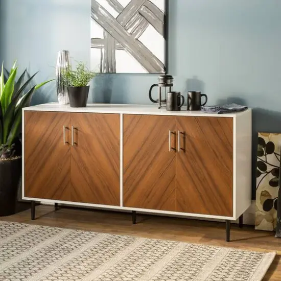 Walker Edison 58" Teak Bookmatch & White Mid Century Modern TV Buffet {3}