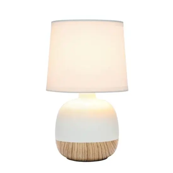 Simple Designs 12" Petite Mid Century Light Woodgrain Base Table Lamp Off White {3}