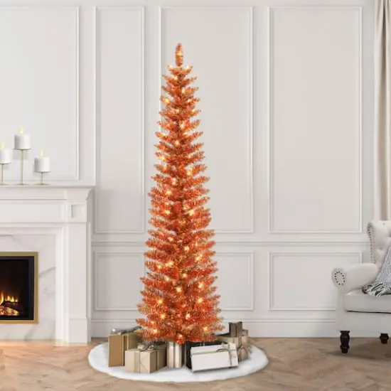 6ft. Pre-Lit Orange Tinsel Artificial Christmas Tree, Clear Lights {3}