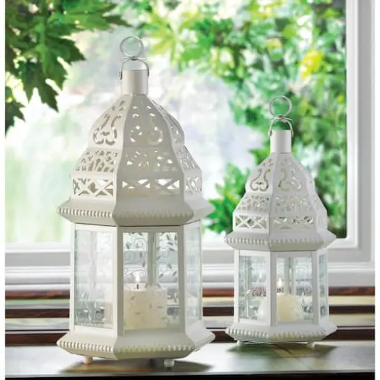 15" White Metal Moroccan Style Hanging Candle Lantern with Etched Floral {6}