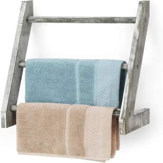 3-Tier Rustic Wood Farmhouse Wall Hanging Ladder Towel Rack Gray {1}