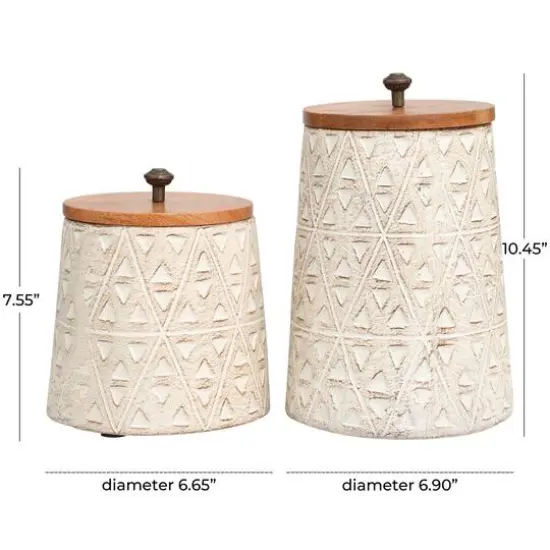 Cream Paper Mache Handmade Carved Triangle Tribal Canisters with Removable Lids Set {5}