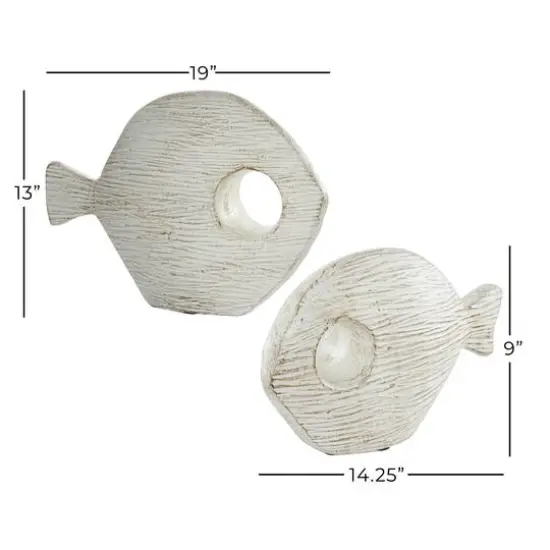 Set of 2 White Ceramic Coastal Fish Sculpture, 13", 9" {8}