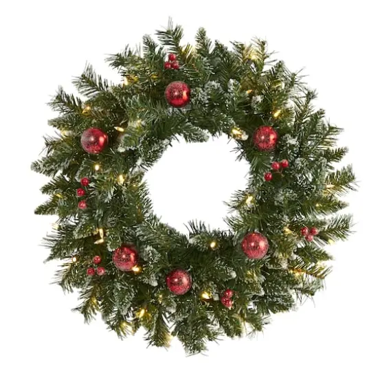 24" White LED Frosted Christmas Wreath with Ornaments & Berries {1}