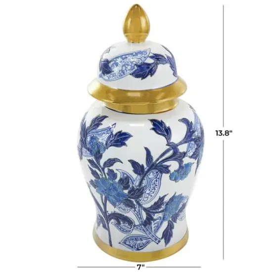 14" Blue Ceramic Floral Decorative Jar {8}