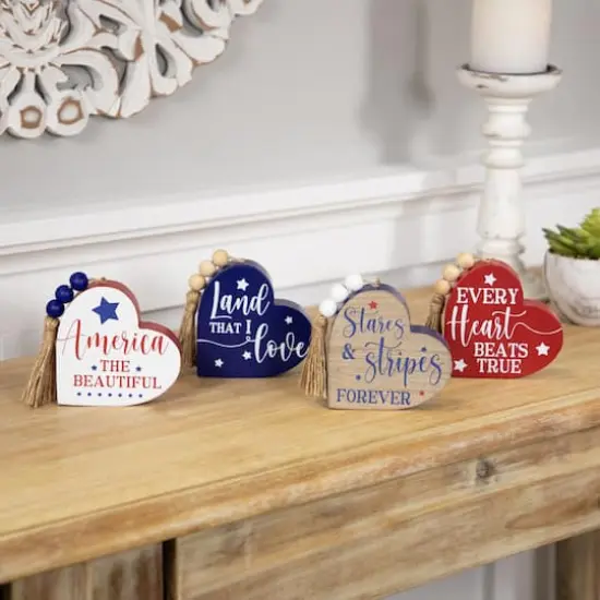 4" Patriotic Hearts Tabletop Sign Set {3}