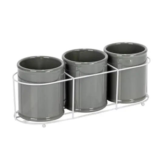 Hello Honey&reg; 11.5" Gray Farmhouse Ceramic Crocks in White Metal Holder {1}