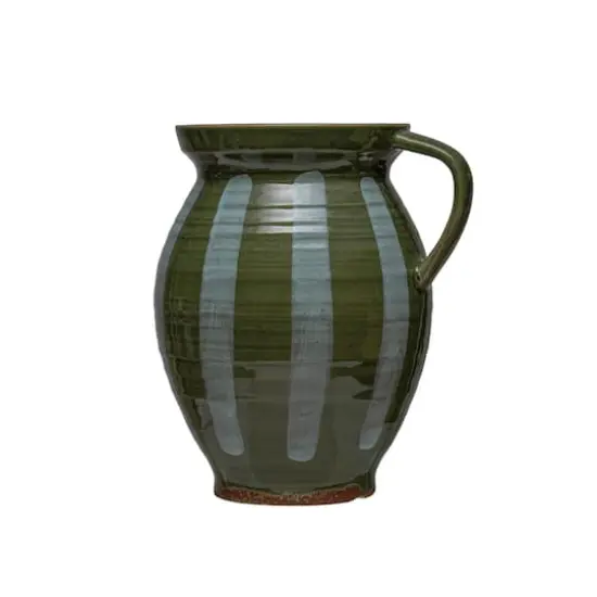 Hello Honey® 10" Green & White Hand Painted Striped Stoneware Pitcher {1}