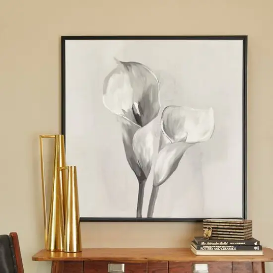 White Canvas Shaded Tulip Floral Framed Wall Art with Black Frame 37" x 1" x 37" {8}