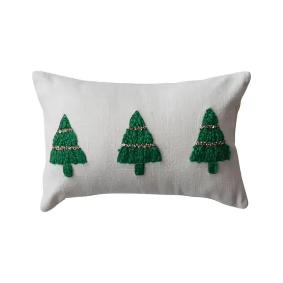 Hello Honey&reg; 14" x 9" Natural & Green Embroidered Christmas Trees Cotton Slub Lumbar Pillow {1}