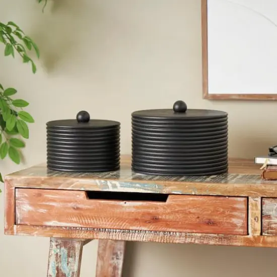Black Wooden Round Ribbed Storage Box Set {3}