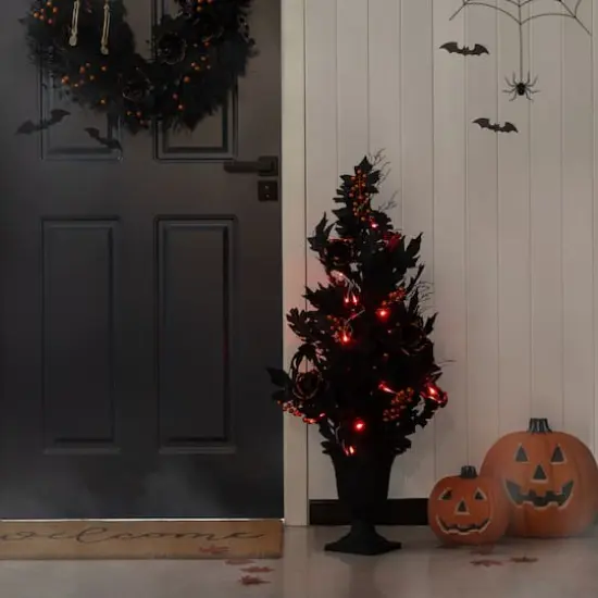 Glitzhome&reg; 36"H Halloween Lighted Black Rose with Orange Glitter Urn Porch Tree with Timer {4}