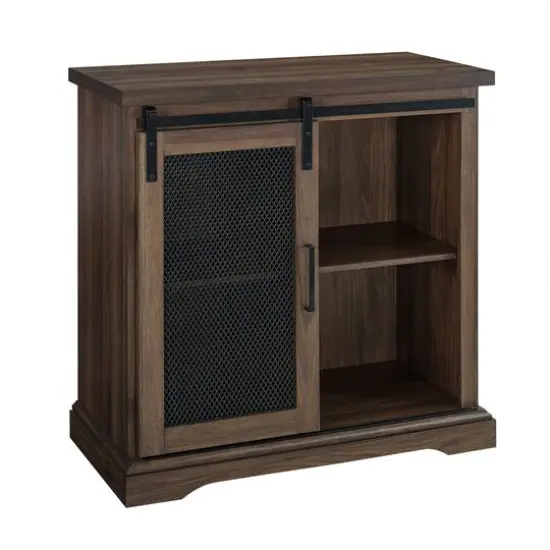Walker Edison 32" Dark Walnut Sliding Mesh Metal Door Accent Cabinet {1}