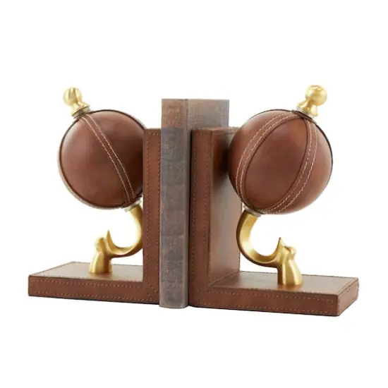 9" Brown Leather Globe Handmade Stitched Bookends Set {1}