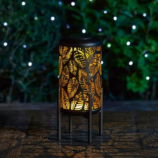 Glitzhome&reg; 14.25" Black Metal Cutout Leaves Pattern Solar Powered LED Outdoor Lantern {3}