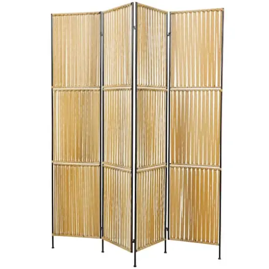 Light Brown Rattan Handmade Hinged Foldable Partition 4 Panel Room Divider Screen with Wrapped Seagrass Design 63" x 1" x 71" {1}