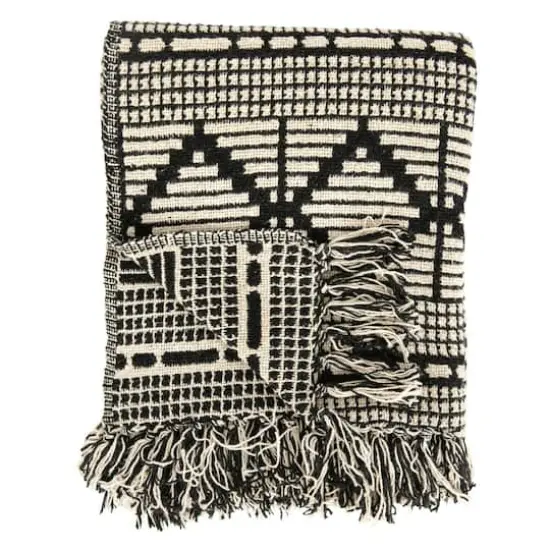 Hello Honey&reg; Black & Beige Woven Cotton Blend Throw Blanket with Fringe {3}