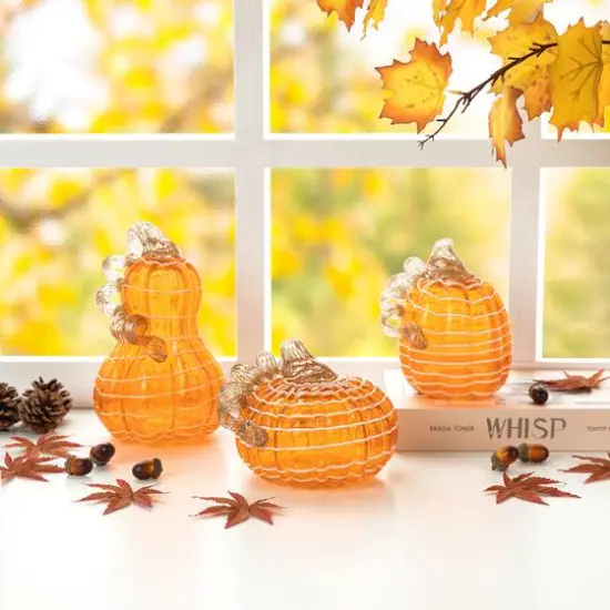 Glitzhome&reg; Orange and White Lines Glass Pumpkin & Gourd Set {4}