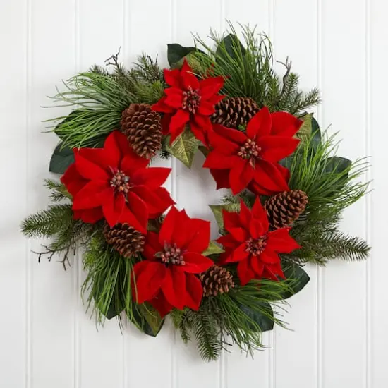 28" Poinsettia & Pine Wreath {4}