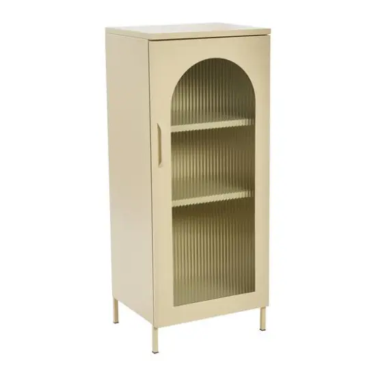 Hello Honey&reg; 40" Solstice Narrow Metal Accent Cabinet with Adjustable Storage Shelves and Arched Glass Door Cream {1}