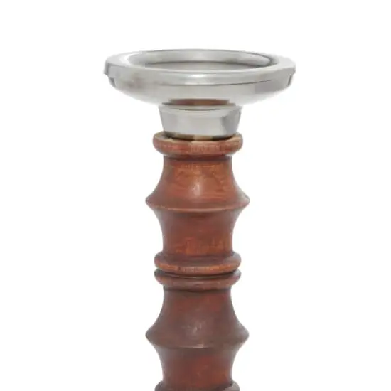 Brown Wood & Aluminum Pillar Candle Holder Set {6}