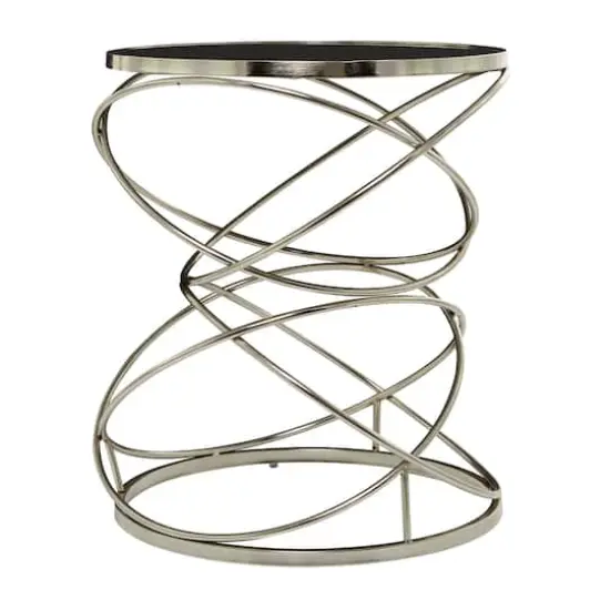24" Open Ring Accent Table with Black Marble Top Silver {5}