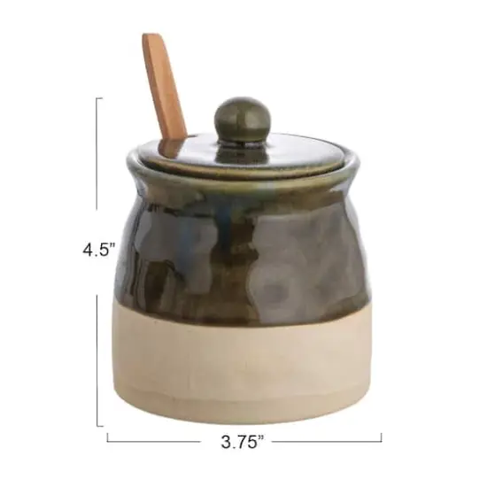 Hello Honey® 4.4" Green Stoneware Sugar Pot with Lid & Wood Spoon {4}