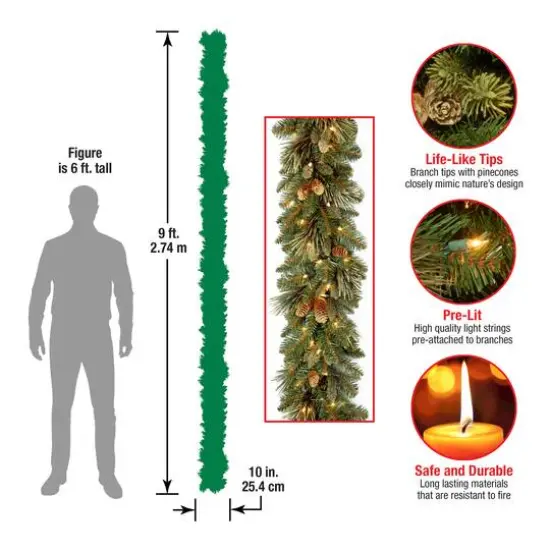 9' x 10" Pre-lit Carolina Pine Artificial Christmas Garland with Flocked Cones & 100 Battery Operated LED Lights {5}