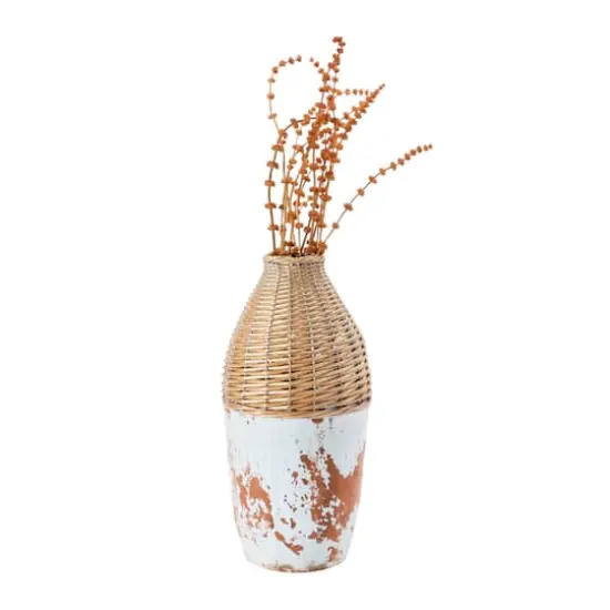 Hello Honey&reg; 16.5" Distressed White Hand-Woven Rattan & Clay Vase {5}