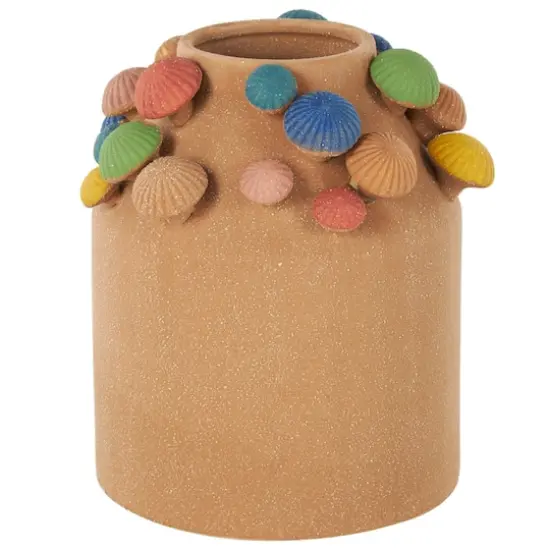 10" Brown with Multicolor Mushrooms & White Speckles Wide Ceramic Decorative Vase {1}