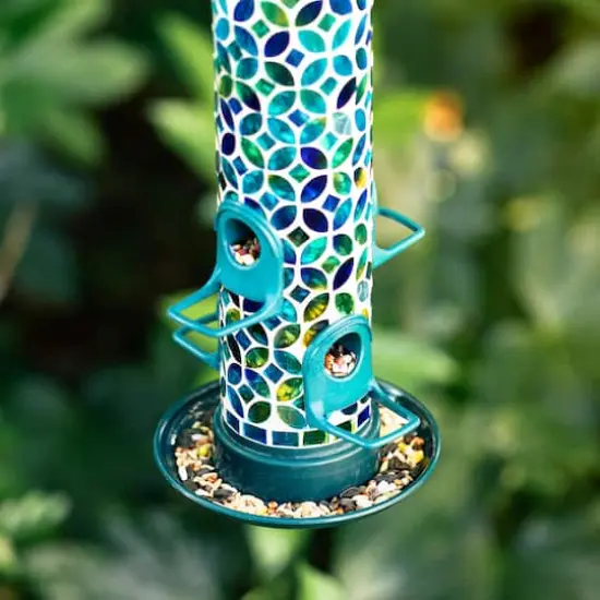 Glitzhome&reg; 20" Tall Blue & Green Mosaic Glass Hanging Bird Feeder {8}