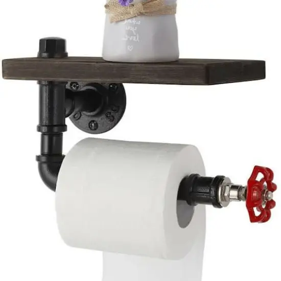Black Industrial Metal Wall Mounted Toilet Paper Holder with Wood Shelf {1}