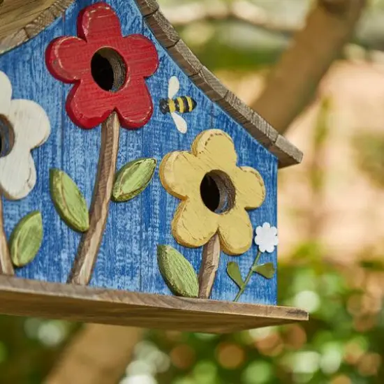 Glitzhome&reg; 15" Blue Distressed Wood Birdhouse with Flowers {6}