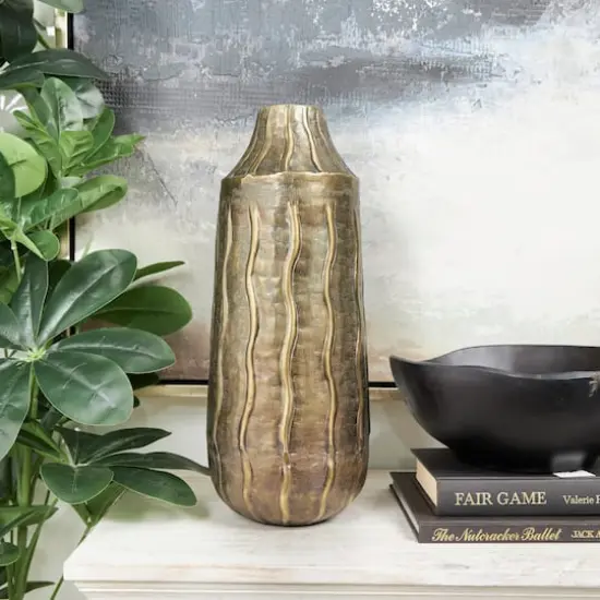 17" Brass Metal Snakeskin Inspired Vase with Dimensional Wavy Accents {10}