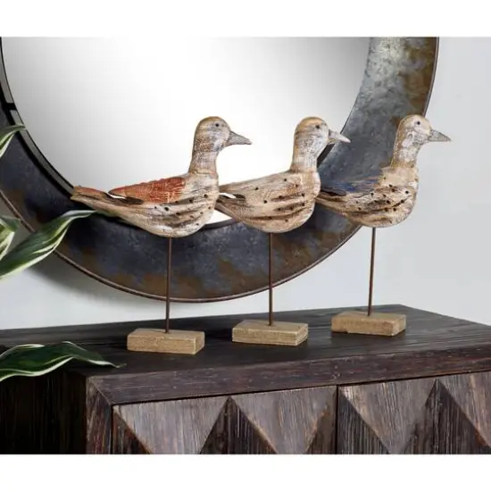 Set of 3 Brown Wood Coastal Bird Sculpture, 11" x 14" {11}