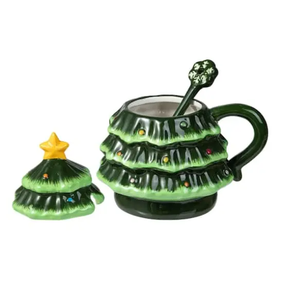 Glitzhome&reg; 6.5" Christmas Ceramic Tree Mug with Lid and Spoon {7}