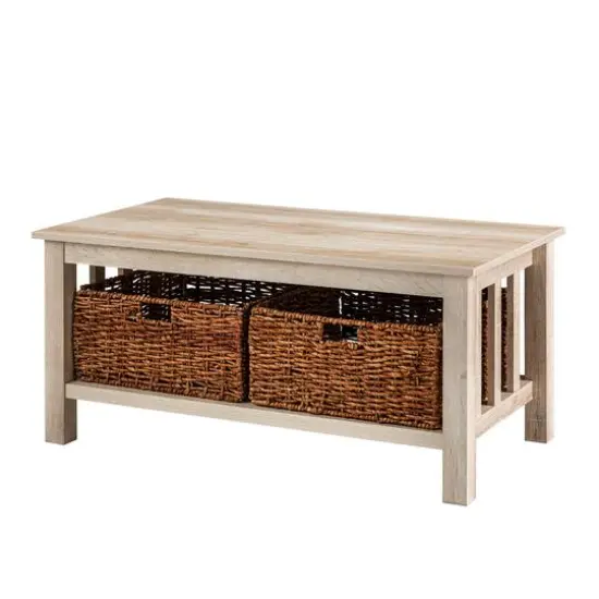 Walker Edison 40" White Oak Mission Storage Coffee Table with Baskets {1}