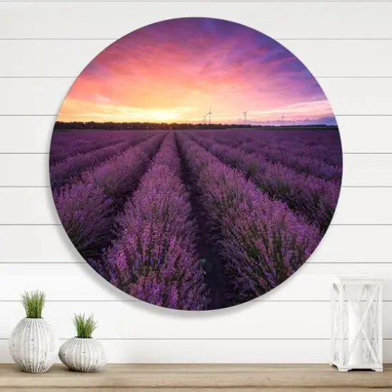 Designart - Sunrise & Dramatic Clouds Over Lavender Field XIII - Farmhouse Metal Circle Wall Art {1}