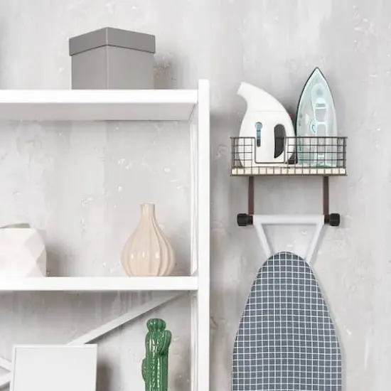 NEX&trade; Wall Mounted Ironing Board Hanger for T-Leg with Storage Basket Brown {7}