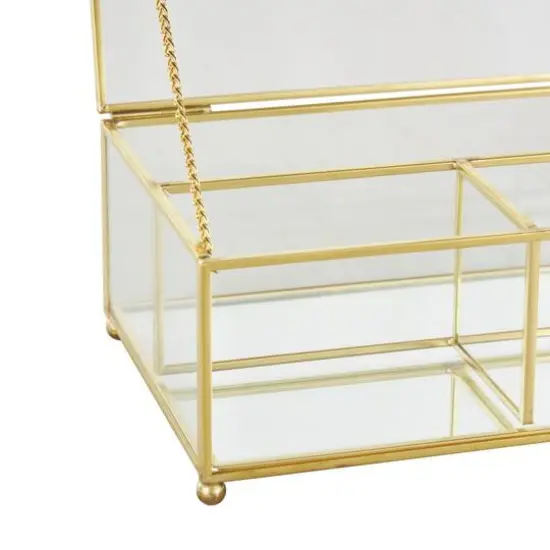 7" x 5" x 3" Clear & Gold 3-Slot Glass & Metal Jewelry Box with Chain Accent {6}