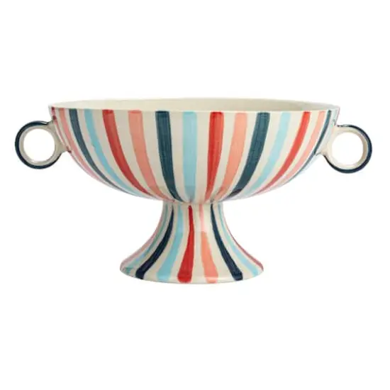 Hello Honey&reg; 13" Multicolor Hand-Painted Stoneware Footed Bowl with Handles & Stripes {6}