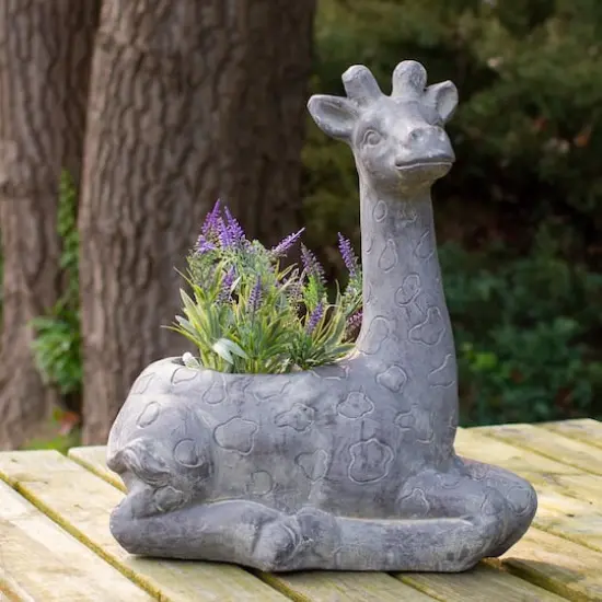 16" Gray Seated Giraffe Outdoor Garden Planter {3}