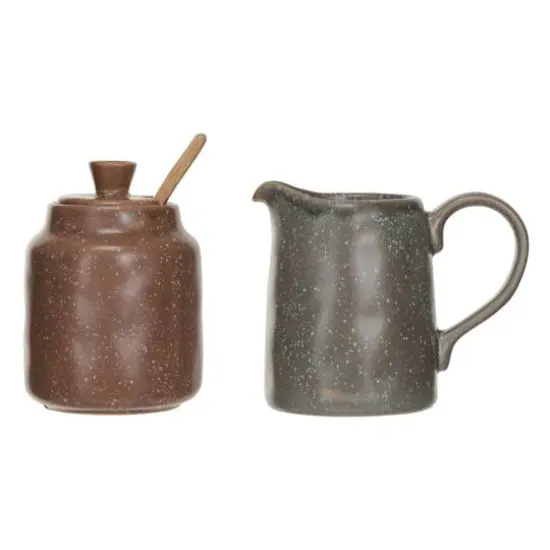 Hello Honey® Gray & Brown Stoneware Creamer & Sugar Pot Set with Bamboo Spoon {3}