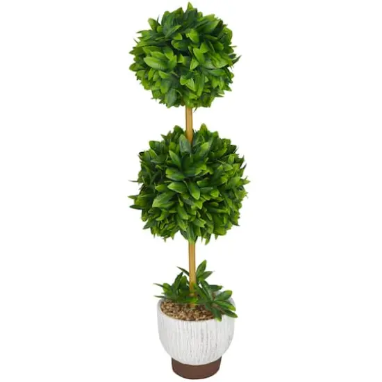 2ft. Green Boxwood Ball Topiary Faux Foliage with White Cement Pot {1}