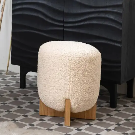 Hello Honey&reg; White Boucl&eacute; Fabric Upholstered Ottoman {4}