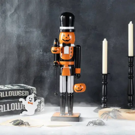 Glitzhome&reg; 18.5"H Halloween Wooden Pumpkin Nutcracker with Ghost Ornament {3}