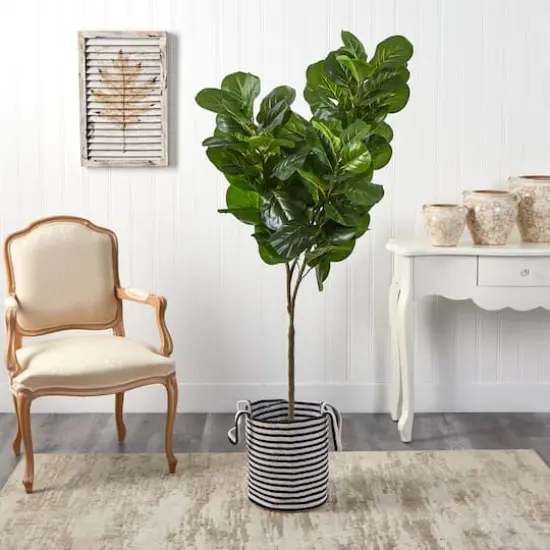 6ft. Fiddle Leaf Fig Artificial Tree in Handmade Black and White Natural Jute and Cotton Planter {4}
