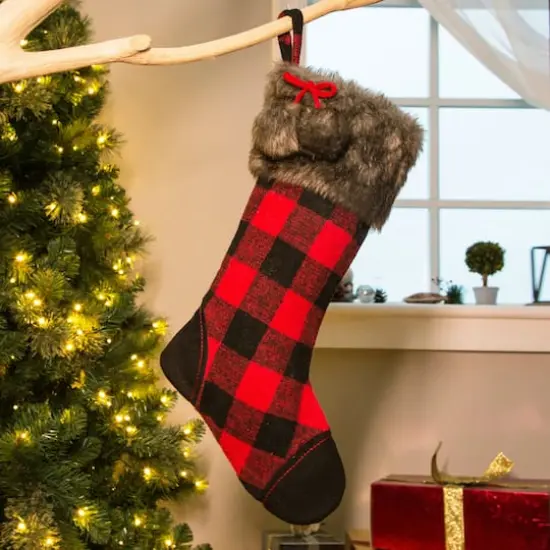 Glitzhome&reg; 21" Fur Black & Red Buffalo Plaid Stocking {3}
