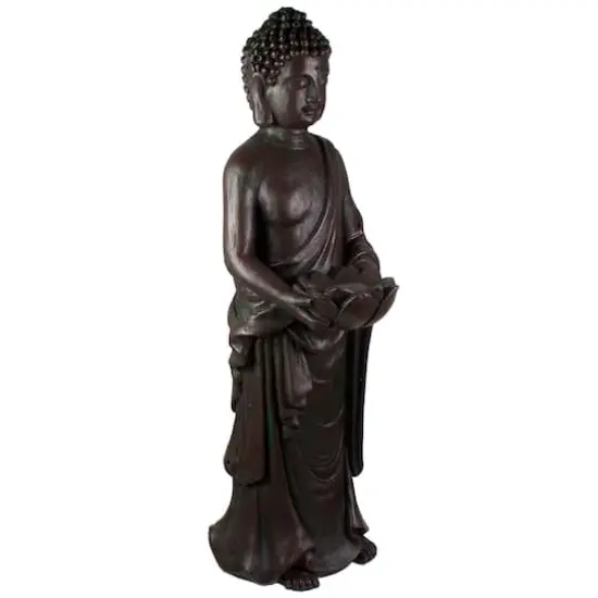 19.5" Dark Brown Standing Buddha with Lotus Outdoor Garden Statue {4}
