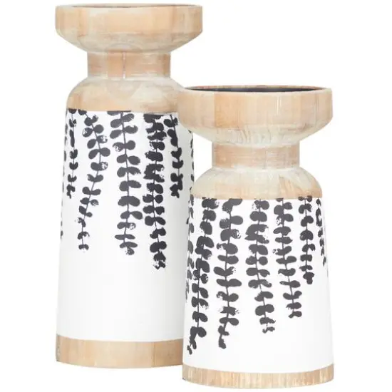 Brown Wood Drooping Vine Pillar Leaf Candle Holder Set {3}